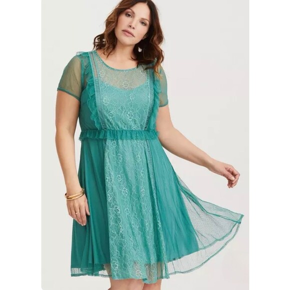 Torrid Women’s Size 2X Teal Lace & Mesh Skater Dress - Picture 1 of 10